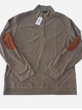 Corduroy Ouku Mens Quarter Button Up Pullover Shirt Brown  Elbow Patch Mock Neck